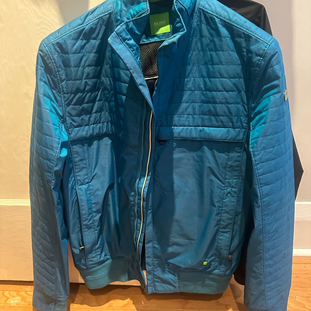 Boss Blue Windbreaker Quilted Jacket with Stand-Up Collar